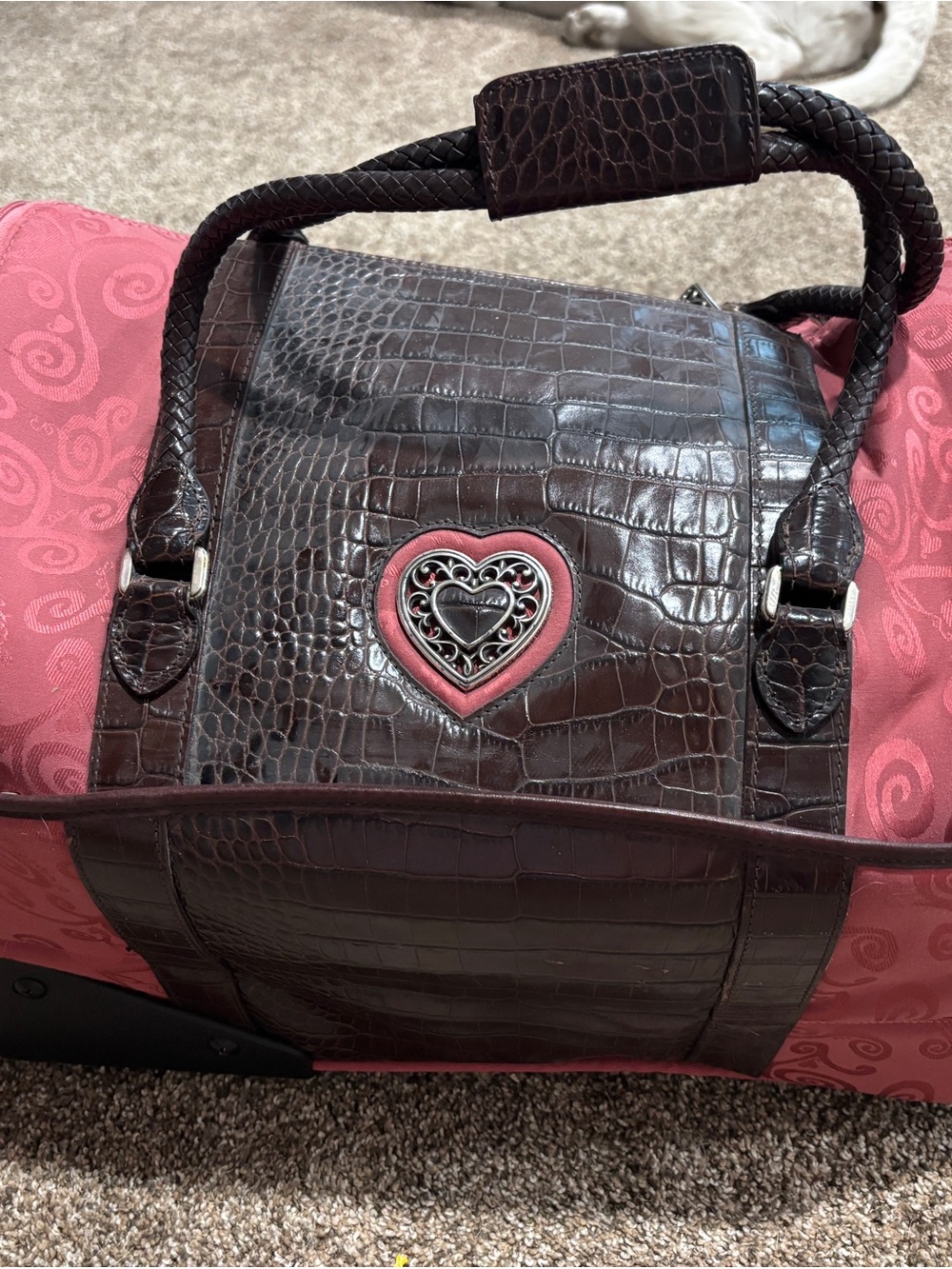 Brighton Pink & Brown Croc-Embossed Travel Duffel with Pink Heart Emblem